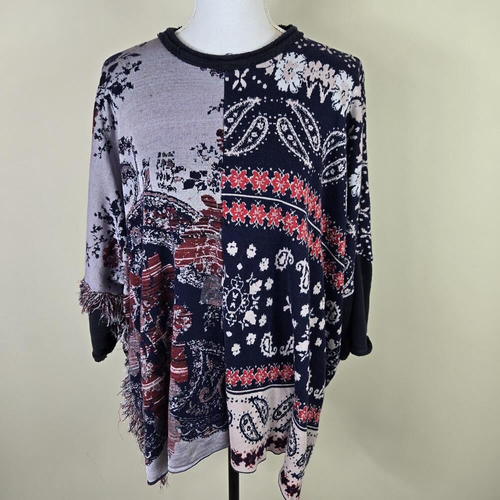 Free People Sweater Womens XS/S Blue Red Boho Bandana Paisley Poncho Fringe